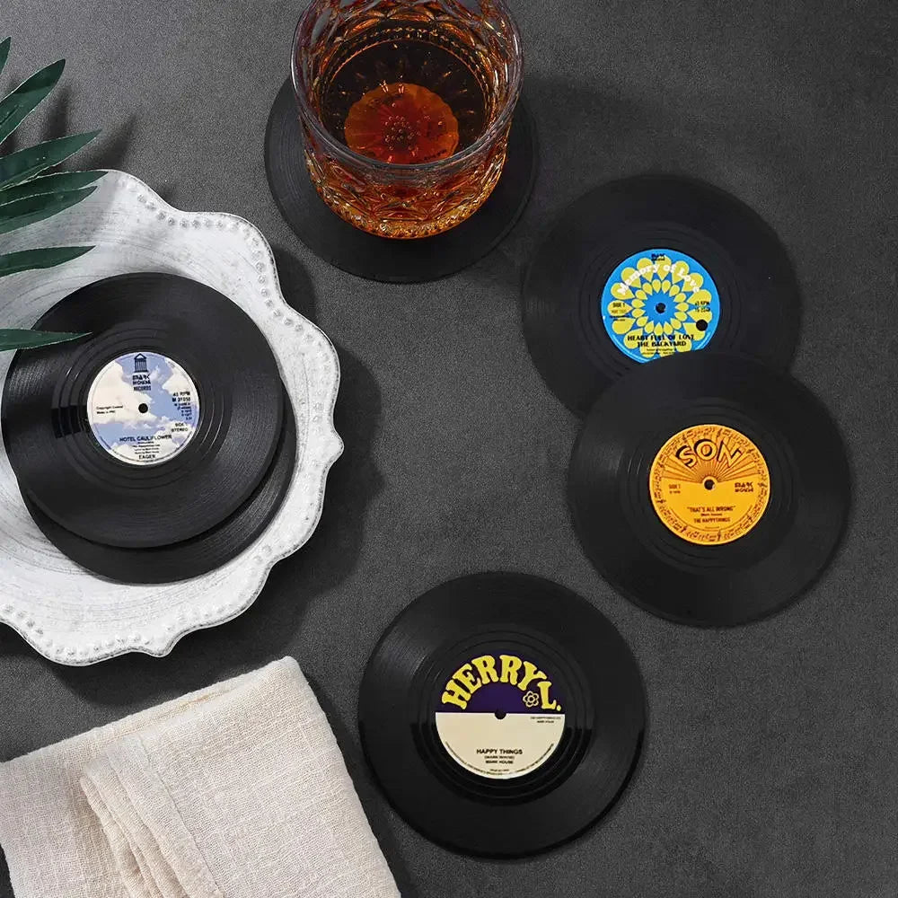 Music Vinyl Coasters Set with Record Player Holder