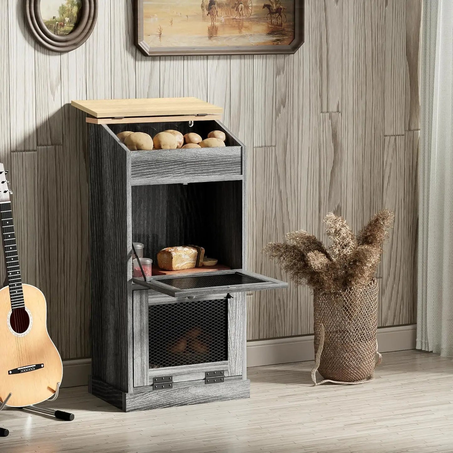 decorative wooden bread box and vegetable bin