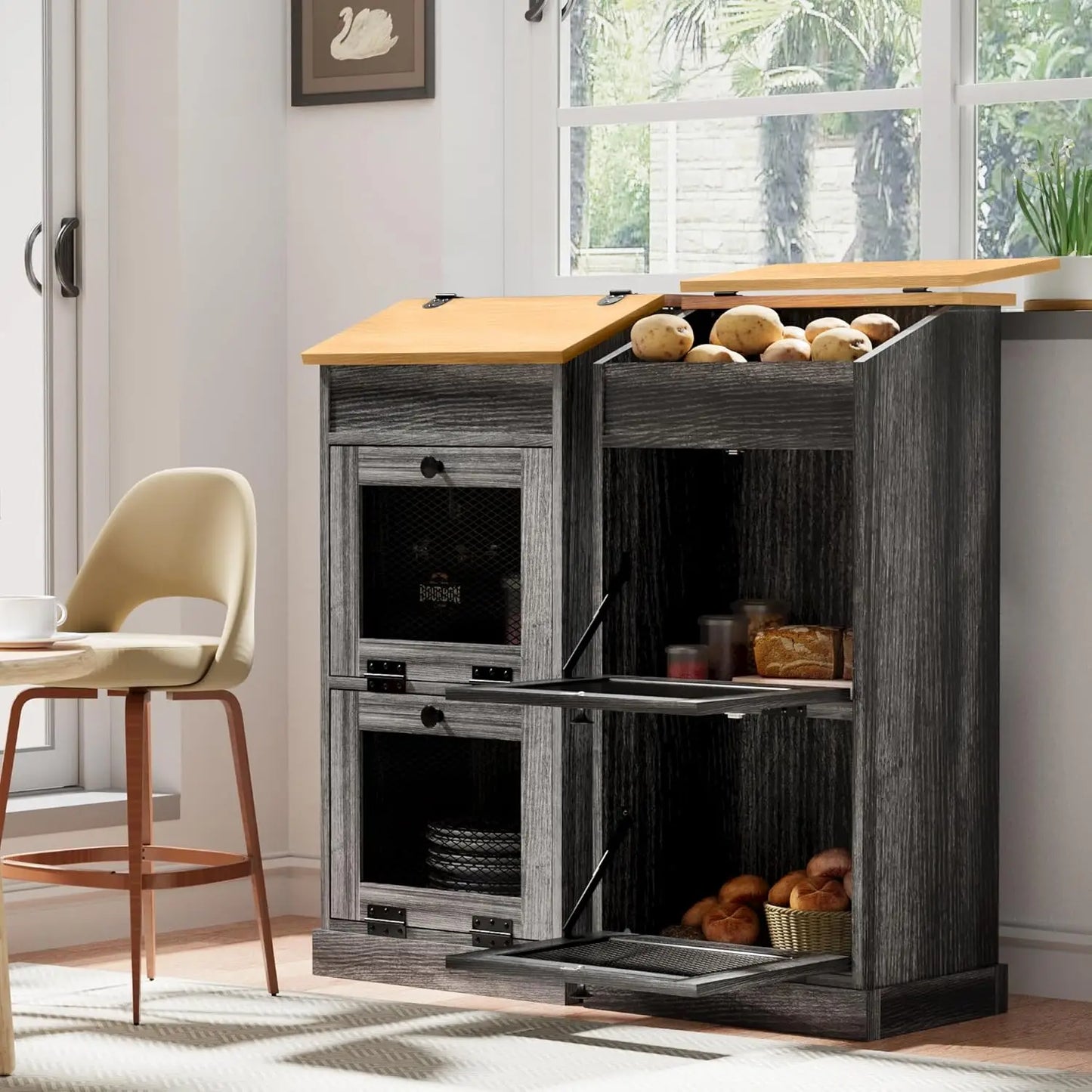 decorative wooden bread box and vegetable bin