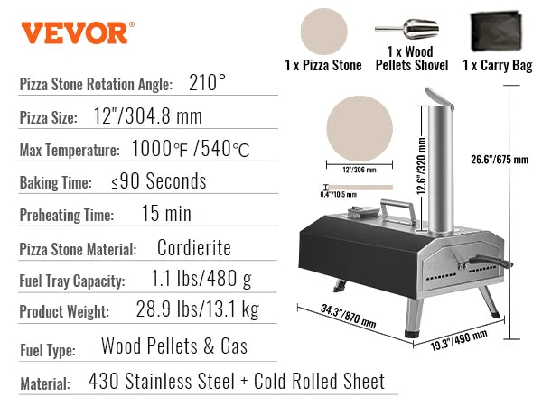 VEVOR 12" Portable Wood Fired Pizza Oven