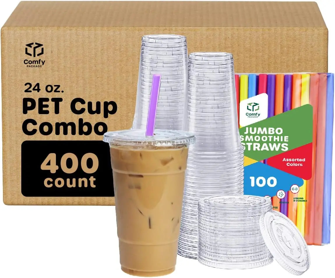 Plastic Cups With Flat Lids & Jumbo Smoothie Straws