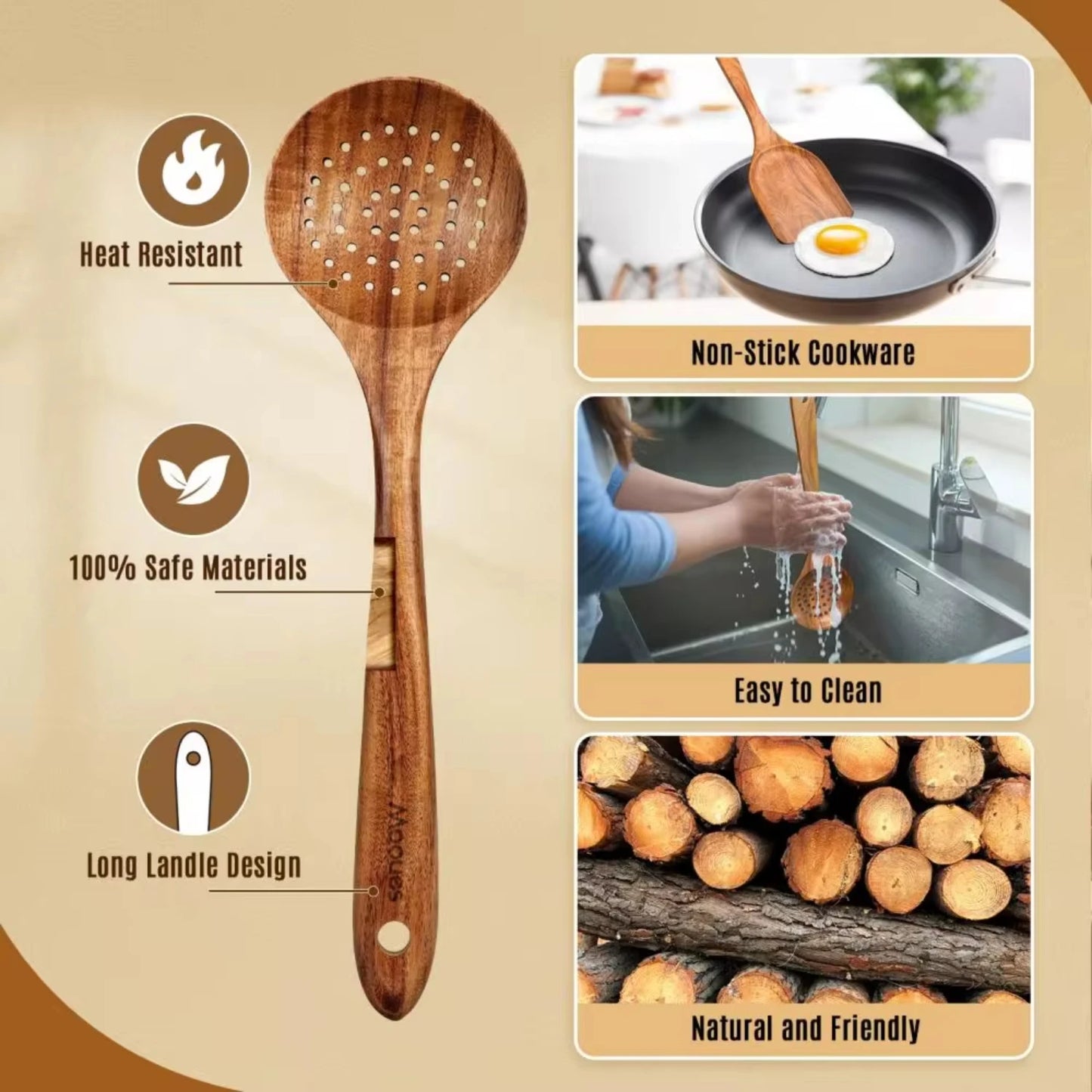 Handmade Natural Teak Wooden Spoons Cooking Set