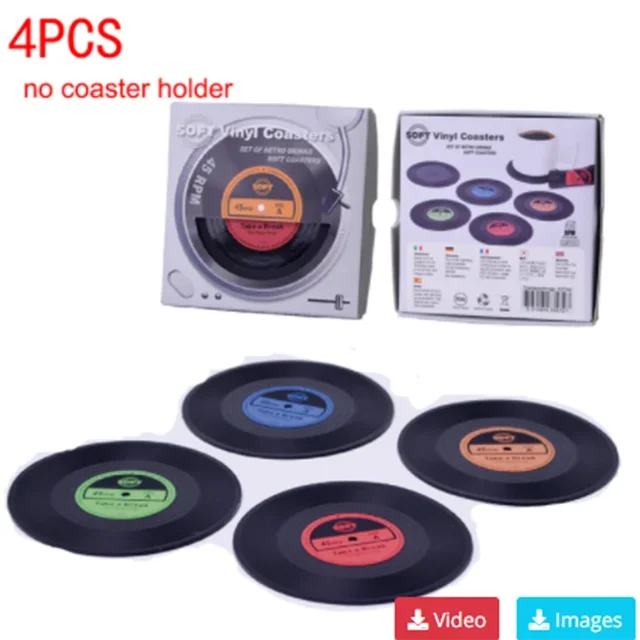 Music Vinyl Coasters Set with Record Player Holder