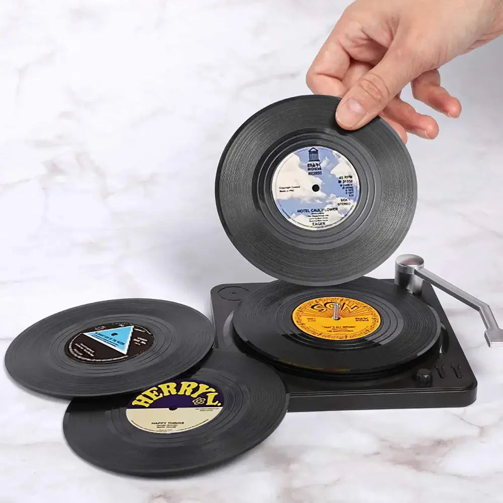 Music Vinyl Coasters Set with Record Player Holder