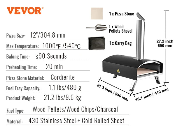 VEVOR 12" Portable Wood Fired Pizza Oven