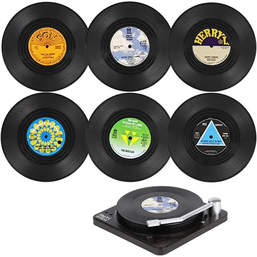 Music Vinyl Coasters Set with Record Player Holder