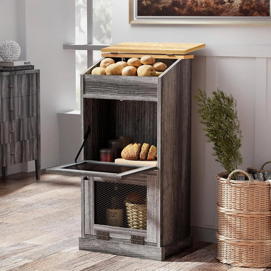 decorative wooden bread box and vegetable bin