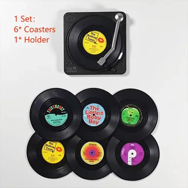 Music Vinyl Coasters Set with Record Player Holder