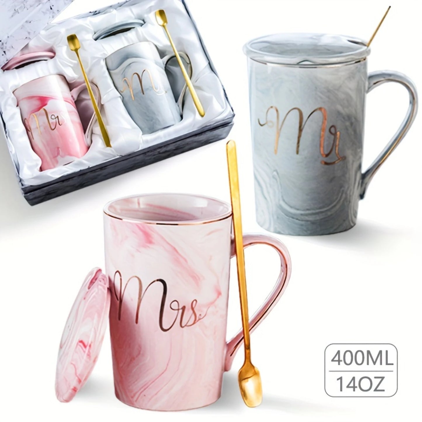 Marble Print Mr & Mrs Coffee Mugs 14oz with Lid