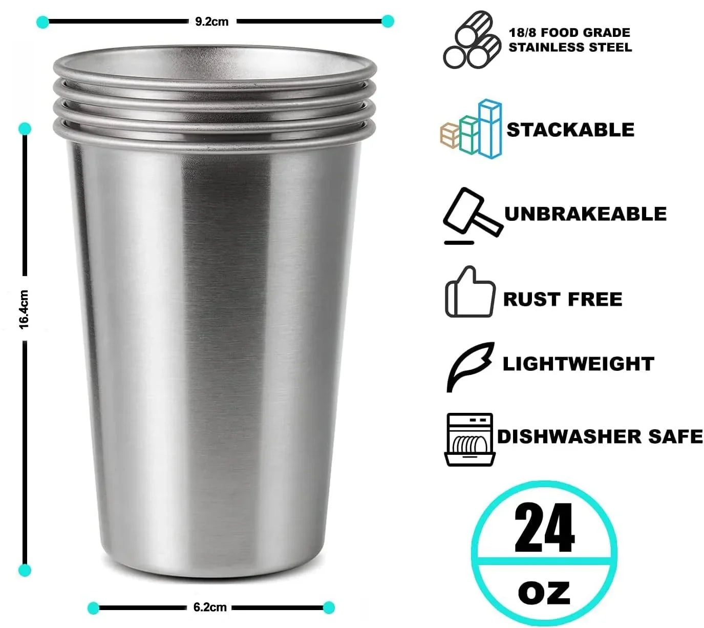 4 Pack 24oz 700ml Stainless Steel Pint Cup