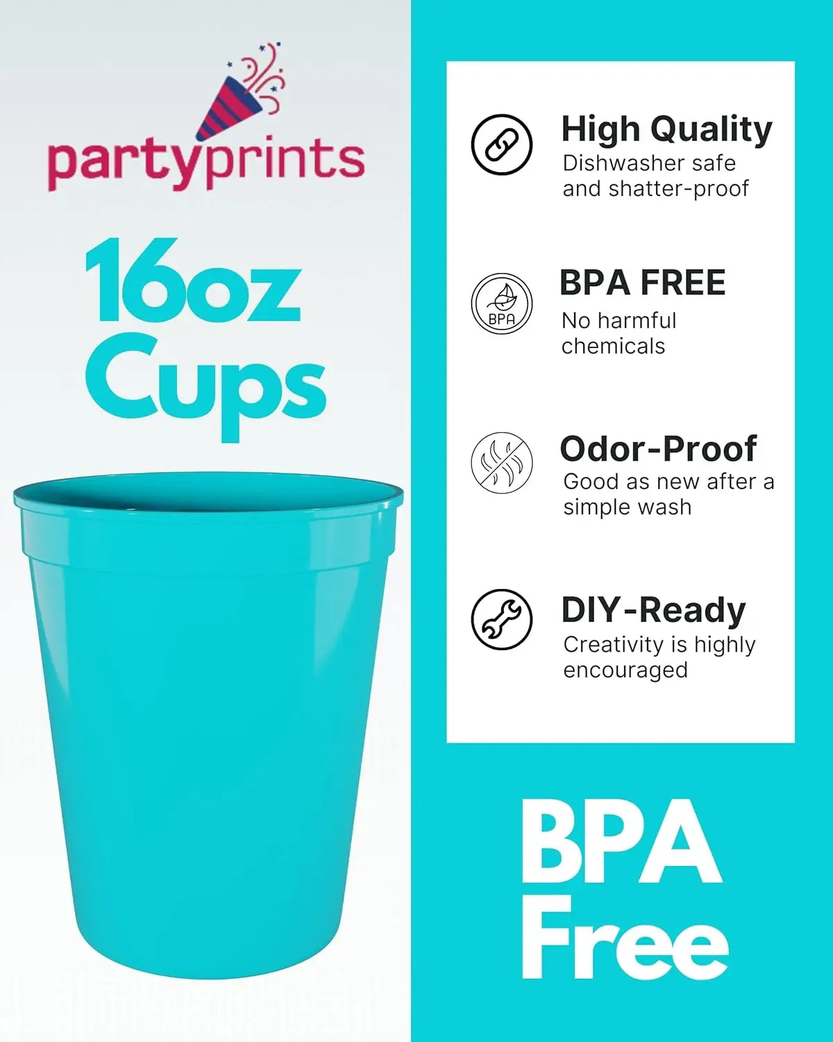 100 Pack 16oz Turquoise Reusable Blank Plastic Cups